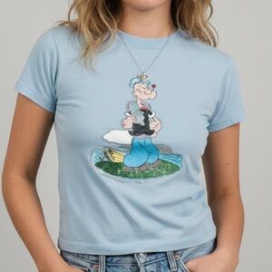 CAL CRU Vintage 70s Popeye Glitter Iron On T-Shirt Baby Blue